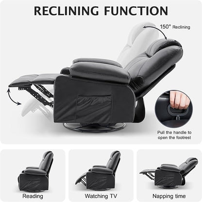 Oversized Swivel Rocker Recliner Sofa Chair with Heat and Massage, 360 Degree Swivel Single Sofa with Cup Holders and USB Port, Big Recliner Sofa Chair for Living Room(Leather, Smoky Black)