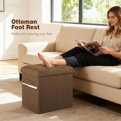 Storage Ottoman Cube, 61L Slim Tall Foldable Foot Rest with Thicker Foam Padded Seat. 350 lbs Small Linen Ottoman with Storage Bench Footstool for Living Room, Bedroom, Coffee Table. 17x13x17in, Brown