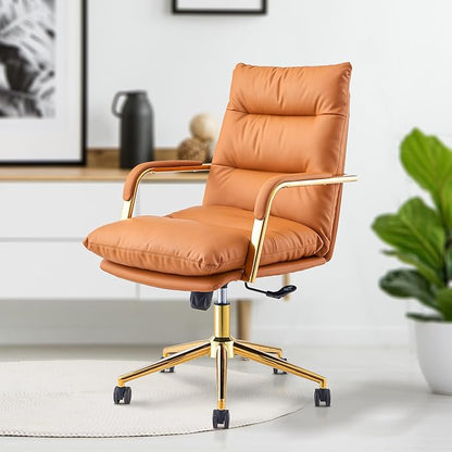 Leather Gold Home Office Desk Chair, Executive Comfy Desk Chair with Support Armrests, Swivel Wheels, Height Adjustable, Mid Back, 360 Swivel, Computer Chair for Office Room, Brown