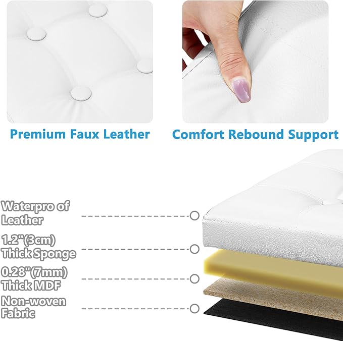 AmasSmile Storage Ottoman Folding Foot Rest Stool with Side Pocket, 17 inch Leather Footstool Bench, Short Ottoman Bench, Storage Foot Rest Store, Blanket Chest, White