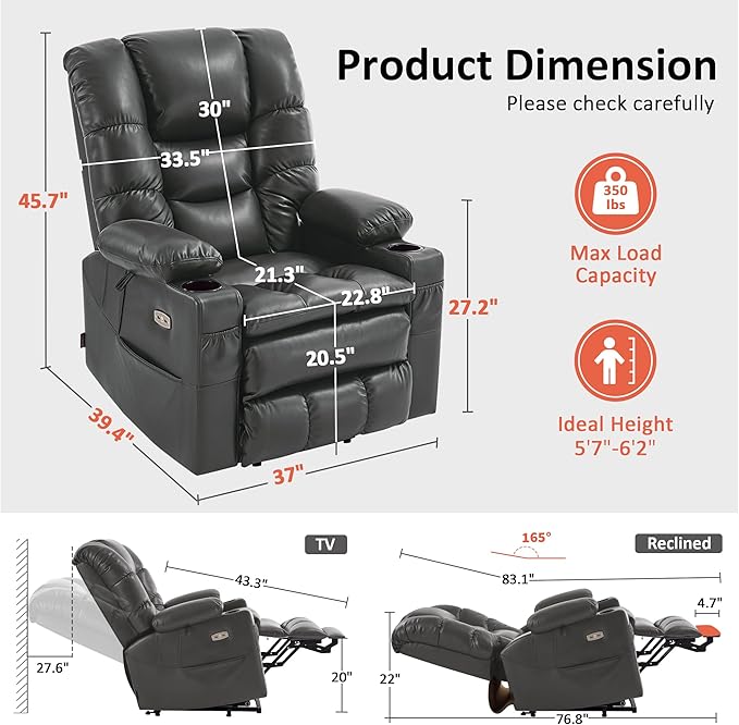 MCombo Large Triple Motor Power Lift Recliner Chair with Massage and Dual Heating, Adjustable Headrest for Tall Elderly People, Faux Leather 7634 (Dark Grey, Large)