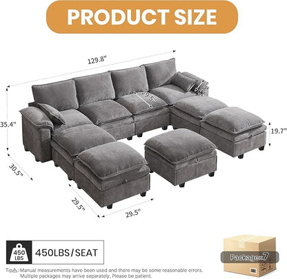 130" U Shaped Modular Sectional Sofa, Couch with Ottoman Storage, Chenille Cloud Couch with Plush Deep Seating for Living Room, Bedroom (9 Seat, Light Grey)