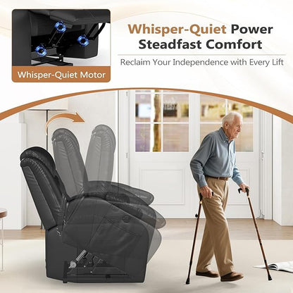 ANJ Black Power Lift Recliner Chair with Massage and Heat, PU Leather Overstuffed Electric Lift Chair for Elderly, Oversized Single Sofa Recliner with Side Pockets, Remote Control