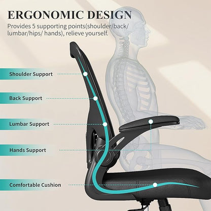 Flysky Mesh Office Chair, Ergonomic Computer Desk Chairs for Home Office - with Comfy/Comfortable Flip-up Arm Rests, Lumbar Support, Height Adjustable, 360 Degree Rolling Swivel (Black)