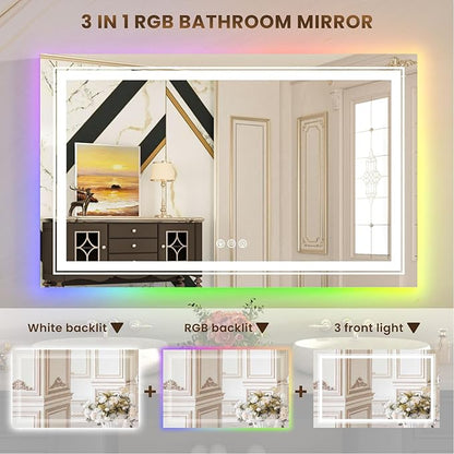 WTTY LED Bathroom Mirror 48"x30" with RGB Backlit and Front Light,Stepless Dimmable LED Mirror for Bathroom,Lighted Bathroom Vanity Mirror,Anti-Fog,Memory Function,Shatter-Proof,Wall Mounted