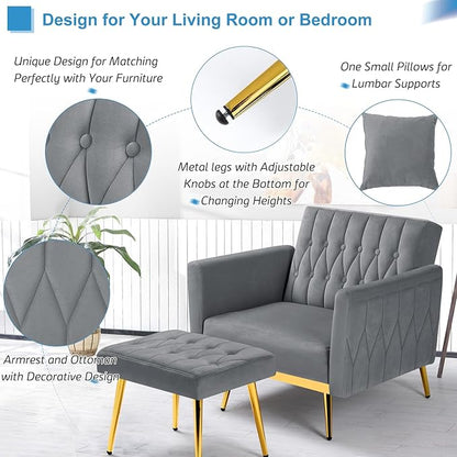 Velvet Accent Chair with Adjustable Armrests and Backrest, Button Tufted Lounge Chair, Single Recliner Armchair with Ottoman and Pillow for Living Room, Bedroom, Grey