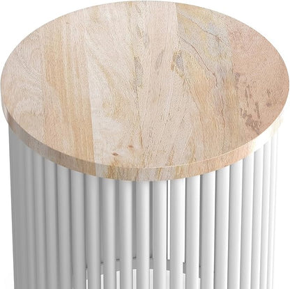SIMPLIHOME Demy 18-inch Wide Metal and Solid Mango Accent Table in Natural/White, Round Side Table with Mango Wood Top for Living Room or Bedroom, Industrial Style, Assembled