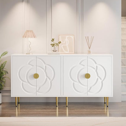 TOLEAD Storage Cabinet, Modern Cabinet with Decorative Flower Pattern Doors, Accent Sideboard Buffet Cabinet for Hallway, Living Room, Kitchen, White
