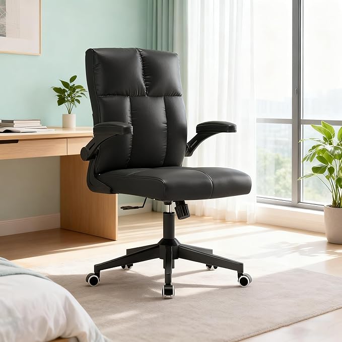 Office Desk Chair Computer Chair with Space Saving Flip-Up Arms, 360° Swivel & Reclining Back, High-Back Executive Chair in Soft Faux Leather for Office&Study（Gray）