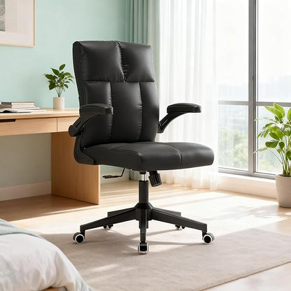 Office Desk Chair Computer Chair with Space Saving Flip-Up Arms, 360° Swivel & Reclining Back, High-Back Executive Chair in Soft Faux Leather for Office&Study（Gray）