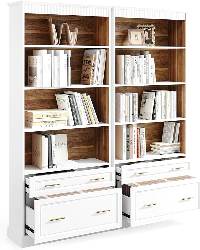 LITTLE TREE 72" Tall White Bookcase, 5-Tier Office Bookself with File Cabinet Drawers,Modern Floor Standing Storage Filing Cabinet Book Shelf for Living Room,Bedroom(2 Piece,White)