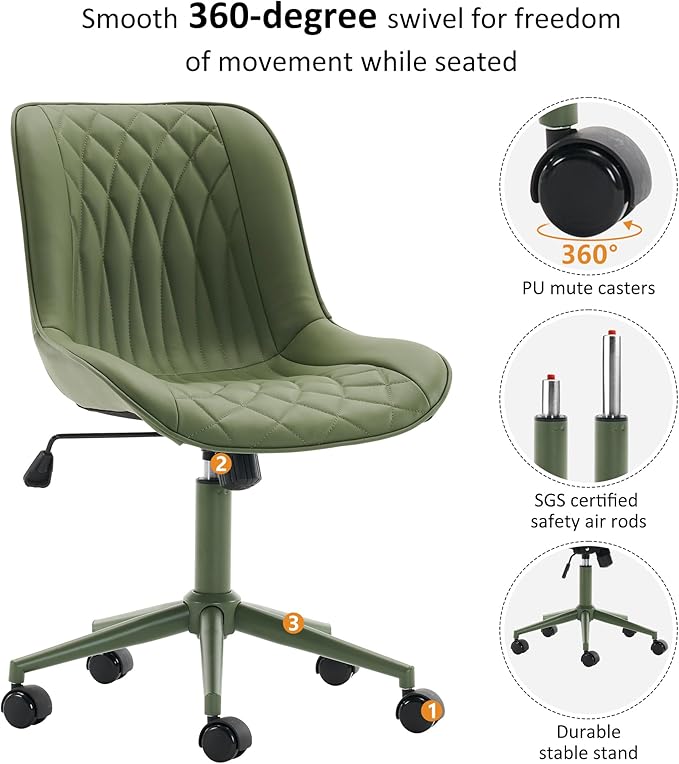 YOUNIKE Home Office Desk Chair with Wheels Armless Vanity Chair with Back Comfy Modern Leather Upholstered Rolling Task Chair Swivel Small Cute No Arms Wide Adjustable Ergonomic All Green