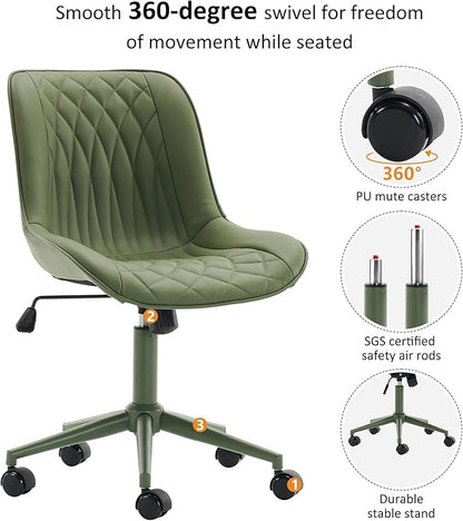 YOUNIKE Home Office Desk Chair with Wheels Armless Vanity Chair with Back Comfy Modern Leather Upholstered Rolling Task Chair Swivel Small Cute No Arms Wide Adjustable Ergonomic All Green