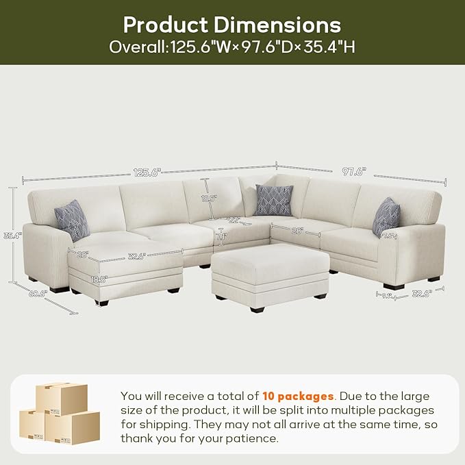 Wanderwell Oversized Modular Sectional Sofa, 8-Seater U Shaped Couches with Movable Ottoman,Corduroy Sectional Couch with Wide and Deep Seats Suitable for Living Room,Bedroom,Apartment (Cream, U-8)