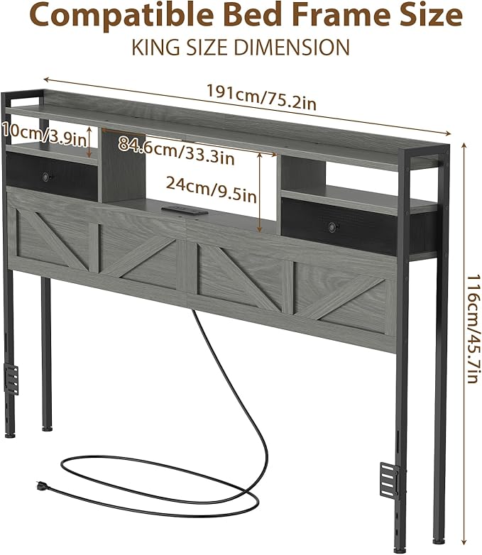 King Size Headboard with Drawers, Outlets & USB Ports,Sturdy Wood Bed Frame with Adjustable Height, Built-in LED Lighting (Grey, King 75.2 * 7.08 * 45.7)