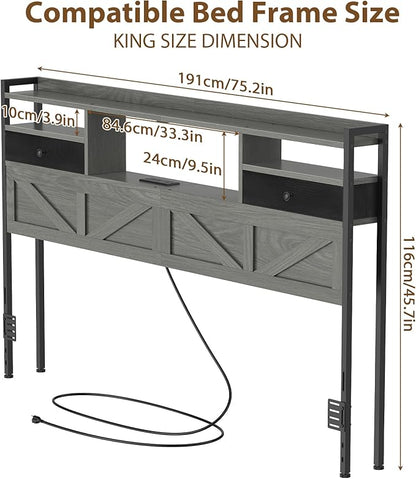 King Size Headboard with Drawers, Outlets & USB Ports,Sturdy Wood Bed Frame with Adjustable Height, Built-in LED Lighting (Grey, King 75.2 * 7.08 * 45.7)