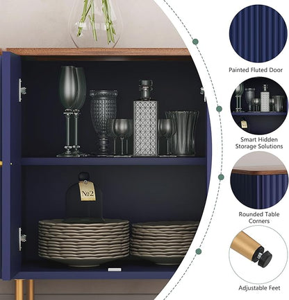 HLR Sideboard Buffet Cabinet, 48" Modern Accent Cabinet with 4 Door and Removable Shelves, Credenza with Storage for Living Room, Dinning Room, Entryway, Blue