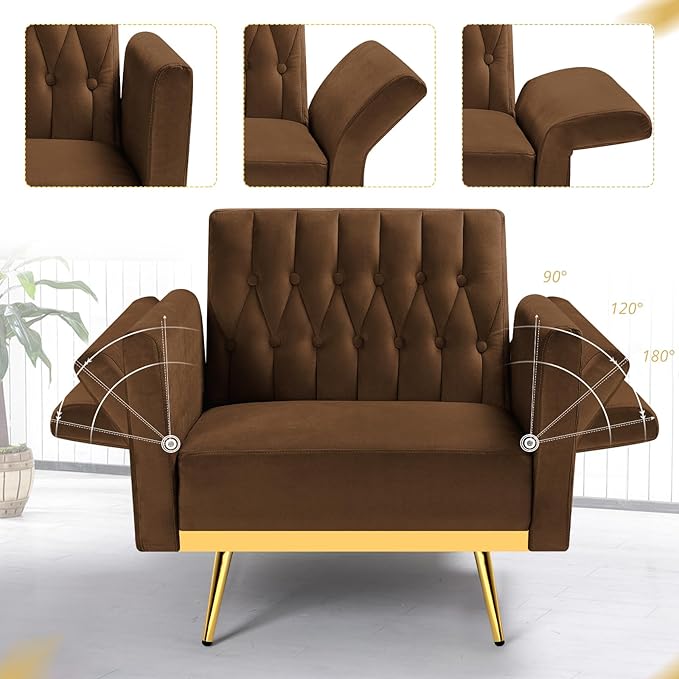 Velvet Accent Chair with Adjustable Armrests and Backrest, Button Tufted Lounge Chair, Single Recliner Armchair with Ottoman and Pillow for Living Room, Bedroom, Brown