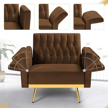 Velvet Accent Chair with Adjustable Armrests and Backrest, Button Tufted Lounge Chair, Single Recliner Armchair with Ottoman and Pillow for Living Room, Bedroom, Brown