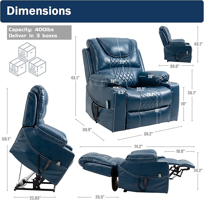 Dual Motor Power Lift Recliner Chair Sofa with Massage and Heating for Big Elderly Adults People, Lay Flat Lift Chair, Infinite Position, 2 Cup Holders, 2 Side Pockets, Lumbar Pillow