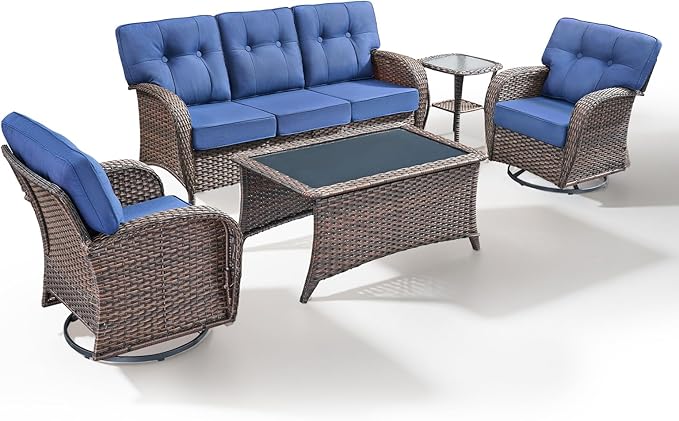 5-Piece Rotating Balcony Chair Set with 31-inch T-Shaped Wide backrest - Rattan Outdoor Rotating Balcony Chairs, Wide backrest Comfortable Outdoor Sliding Chair - Brown | Blue
