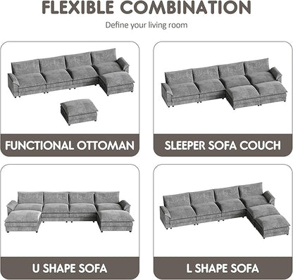 Homall 159" Modular Sectional Sofa, U Shaped Sofa Couch with Reversible Ottoman, DIY Combination Chenille Deep 4-Seat Cloud Couch for Living Room, Apartment (Light Grey, U Shaped Sofa)