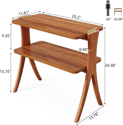LITTLE TREE Narrow Side Table Set of 2, Small Side Table, 2-Tier Farmhouse End Table with Solid Wood Legs, Space-Saver for Living Room, Bedroom, Entryway (Walnut)