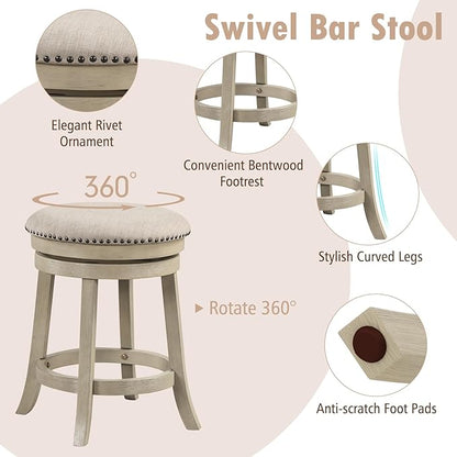 COSTWAY 360° Swivel Bar Stools Set of 2, 24-inch Height Upholstered Round Barstools with Wooden Frame, Seat and Footrest, Backless Solid Wood Counter Stools for Kitchen Island Bistro Pub, Beige