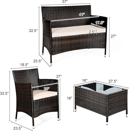 COSTWAY 4PCS Rattan Patio Furniture Set, Outdoor Wicker Rattan Chairs with Coffee Table, Rattan Cushioned Conversation Set for Backyard Balcony Porch Poolside, Brown