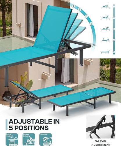 Pool Lounge Chairs, Chaise Lounge Outdoor with Wheels and 5-Position Recliner -Easy to Move- Aluminum Patio Lounge Chair for Poolside, Deck (Lakeblue)