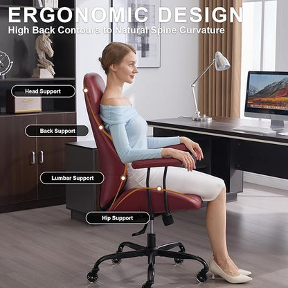 Home Office Desk Chair, Ergonomic High Back Leather Computer Chair with Lumbar Support, Adjustable Height & Recline, Swivel Executive Office Chair with Armrests and Rubber Casters, Red