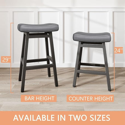29 Inches Bar Stools Set of 2, Bar Height Barstools for Home Counter, Blackless Barstool with Bonded Leather Saddle Seats & Heavy Duty Metal Legs, Easy Assembly, Gray/Black