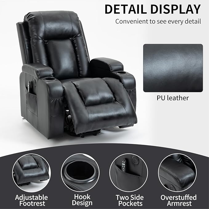 PELUMY Manual Lift Recliner Chair for Elderly with Massage & Heat, Oversized Heavy Duty 350 lbs Recliner with Cup Holders & USB Ports, Infinite Positioning Lift Chair (Breathable Leather, Black)