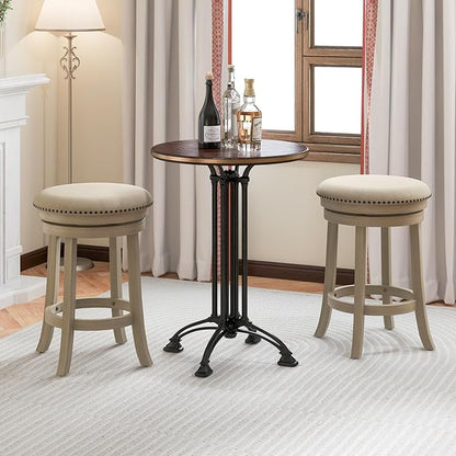 COSTWAY 360° Swivel Bar Stools Set of 2, 26.5-inch Height Upholstered Round Barstools with Wooden Frame, Seat and Footrest, Backless Solid Wood Counter Stools for Kitchen Island Bistro Pub, Beige