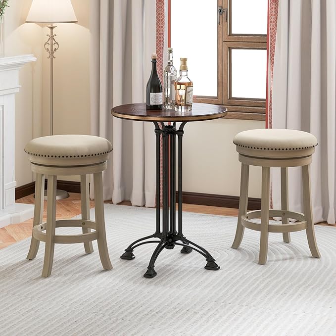 COSTWAY 360° Swivel Bar Stools Set of 4, 26.5-inch Height Upholstered Round Barstools with Wooden Frame, Seat and Footrest, Backless Solid Wood Counter Stools for Kitchen Island Bistro Pub, Beige