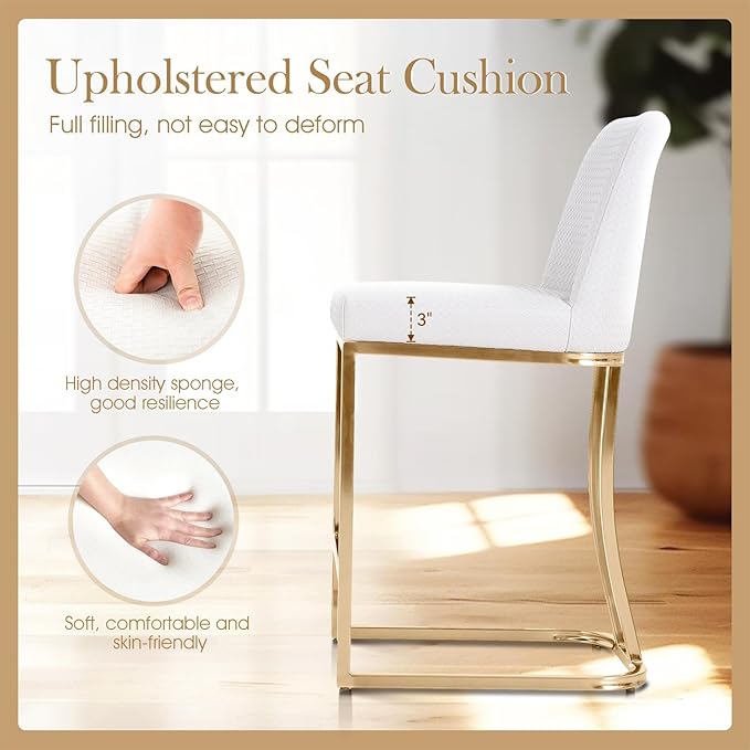 Sophia & William Bar Stools Set of 4, Counter Height Creamy White & Gold Bar Stools with Back, 24 Inch