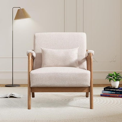 Mid Century Modern Accent Chair with Solid Wood Frame, Upholstered Living Room Chairs with Lumbar Cushion Padded Arms, Reading Armchair for Bedroom Set of 2, Linen Beige