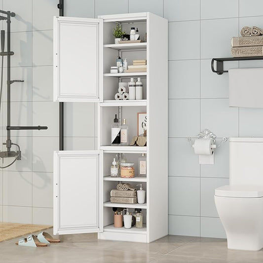 Tall Narrow Storage Cabinet 66.93" H Tall Bathroom Cabinets Metal Pantry Cabinet, 4 Adjustable Shelves for Kitchen, Home Office, Living Room, Dinning Room (16 inches Wide White)