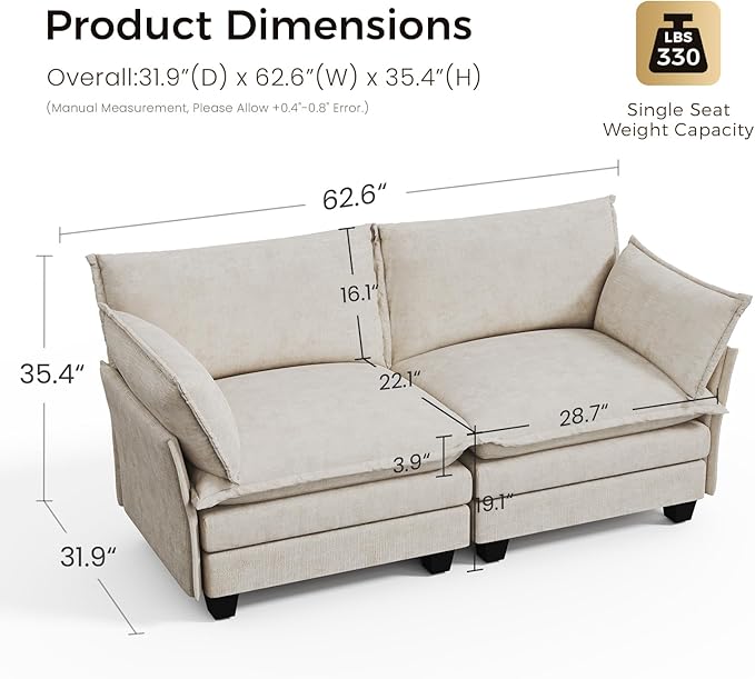 KKL Modular Sectional Sofa, Loveseat 2 Seater Cloud Couch, Chenille Modern Sectional Couches for Living Room, Apartment Beige