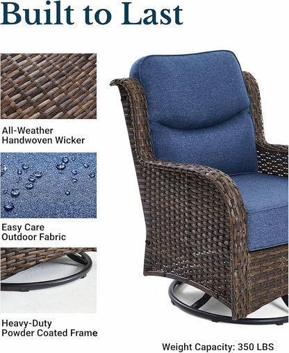 HILLGA Luxury Patio Furniture Set with 6-inch Thick Cushion, Outdoor High Back Swivel Rocker Patio Chairs, 3PCS Wicker Conversation Set for Deck Yard and Poolside, Blue (V2)