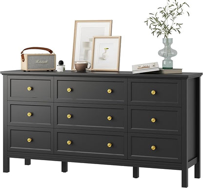 Black 9 Drawers Dresser for Bedroom, 59'' Large Wood Dresser with Gold Handles, Modern Wide Chest of Storage Drawers for Hallway, Living Room