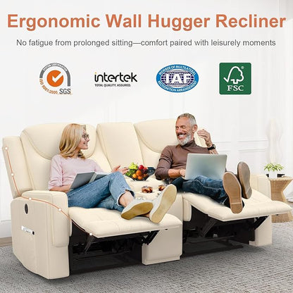 Loveseat Recliner Sofa, Beige PU Leather Double Recliner Loveseat with Console, Cup Holders, Storage & USB Ports, Ergonomics，Manual Reclining Sofa Couch for Living Room, RV