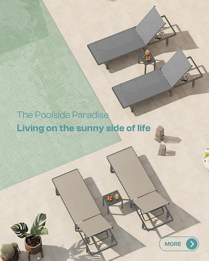 Pool Lounge Chairs Set of 3 (2 Loungers + 1 Side Table)，Outdoor Lounge Chairs with Wheels and 5-Position Recliner, Aluminum Patio Lounge Chair for Poolside, Deck (Khaki)