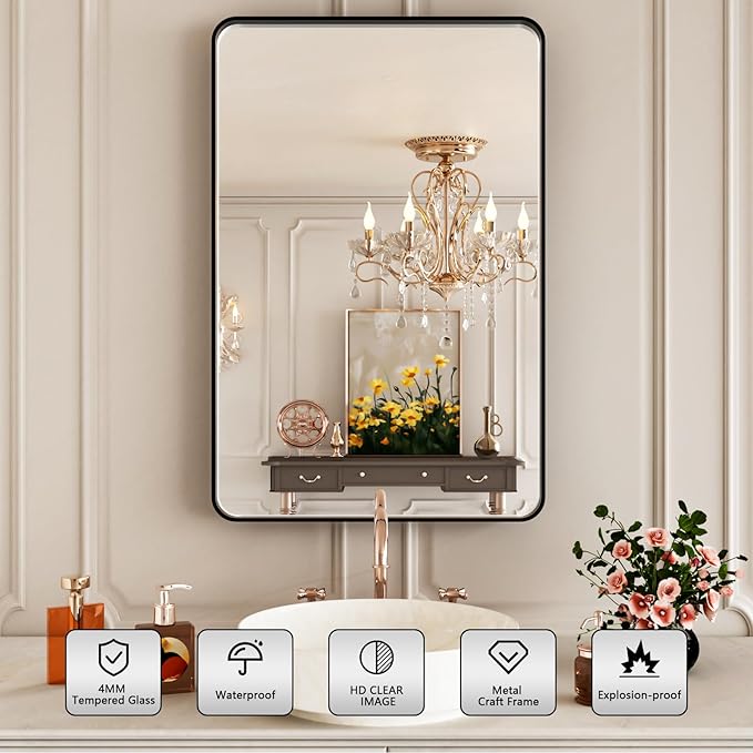 Black Bathroom Mirror 20x30 Inch,Bathroom Vanity Mirror for Wall,Rectangular Round Corner Black Metal Framed Mirror(Horizontal/Vertical)
