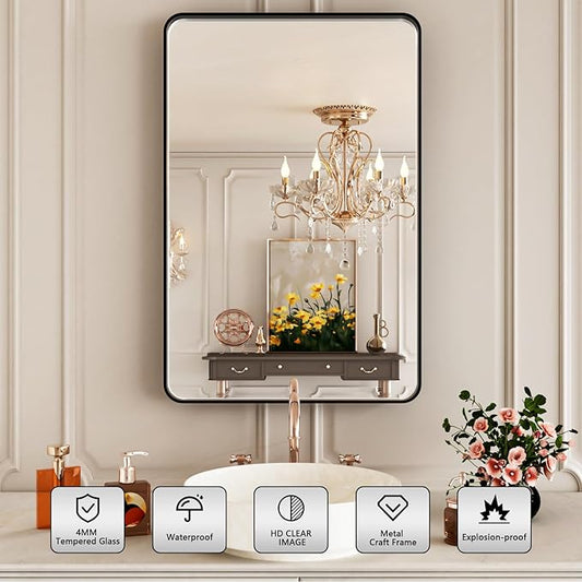 Black Bathroom Mirror 20x30 Inch,Bathroom Vanity Mirror for Wall,Rectangular Round Corner Black Metal Framed Mirror(Horizontal/Vertical)