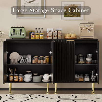 EOYUTLLY Black Fluted Storage Cabinet,Wood Sideboard Buffet Cabinet with Adjustable Shelf, Fluted Accent Cabinet with Gold Metal Legs, Console Table for Living Room,Dining Room,Kitchen
