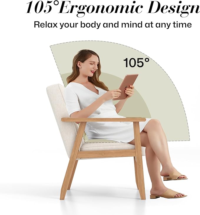 KCC Mid-Century Modern Linen Fabric Accent Chair Set of 2, Upholstered Tufted Leisure Chair Comfy Reading Side Chair with Armrest and Solid Wood Frame for Living Room Bedroom Balcony(Beige)