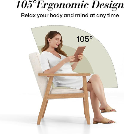 KCC Mid-Century Modern Linen Fabric Accent Chair, Upholstered Tufted Leisure Chair Comfy Reading Side Chair with Armrest and Solid Wood Frame for Living Room Bedroom Balcony(Beige)