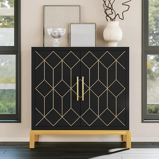 HLR Accent Cabinet with Gold Trim,Storage Cabinet with 2 Doors,Modern Wooden Sideboard for Living Room, Kitchen, Office and Hallway,Black