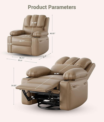 27" Oversized Power Recliner Chair, Faux Leather Rocking Chair with Heat & Massage, 360° Swivel Modern Electric Recliner with Cup Holder ＆ USB Charging for Living Room, Bedroom, Nursery - Khaki